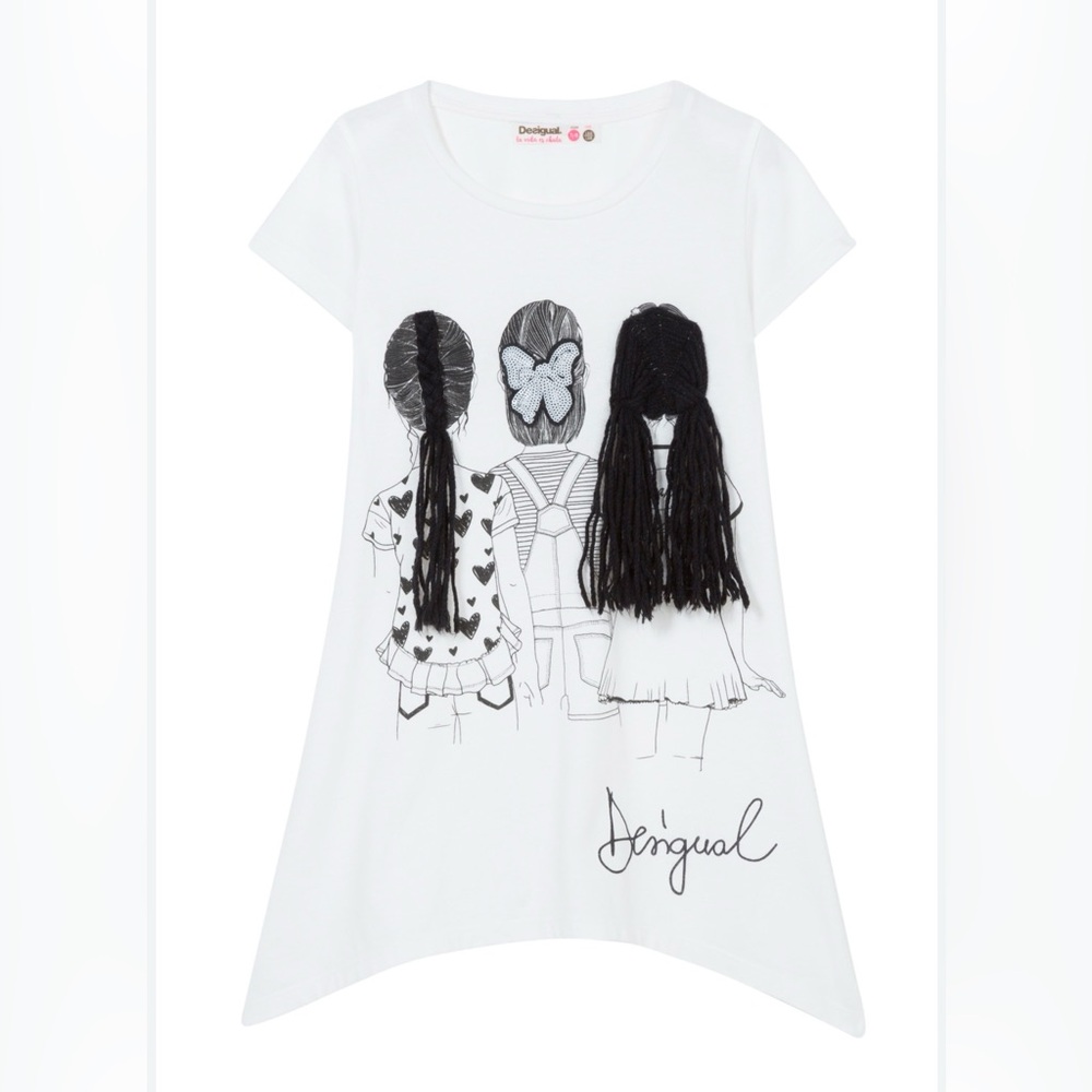 Desigual Kids 3D Hairstyle White Tee with Graphic Design Size 9/10